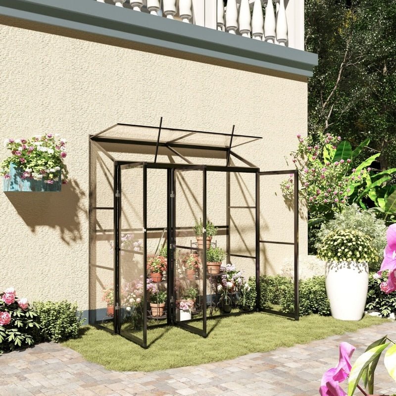 Greenhouses-6' x 2' Aluminum Greenhouse, Backyard Garden with 2 Adjustable Roof Vents and 3 Doors - Outdoor Style Company
