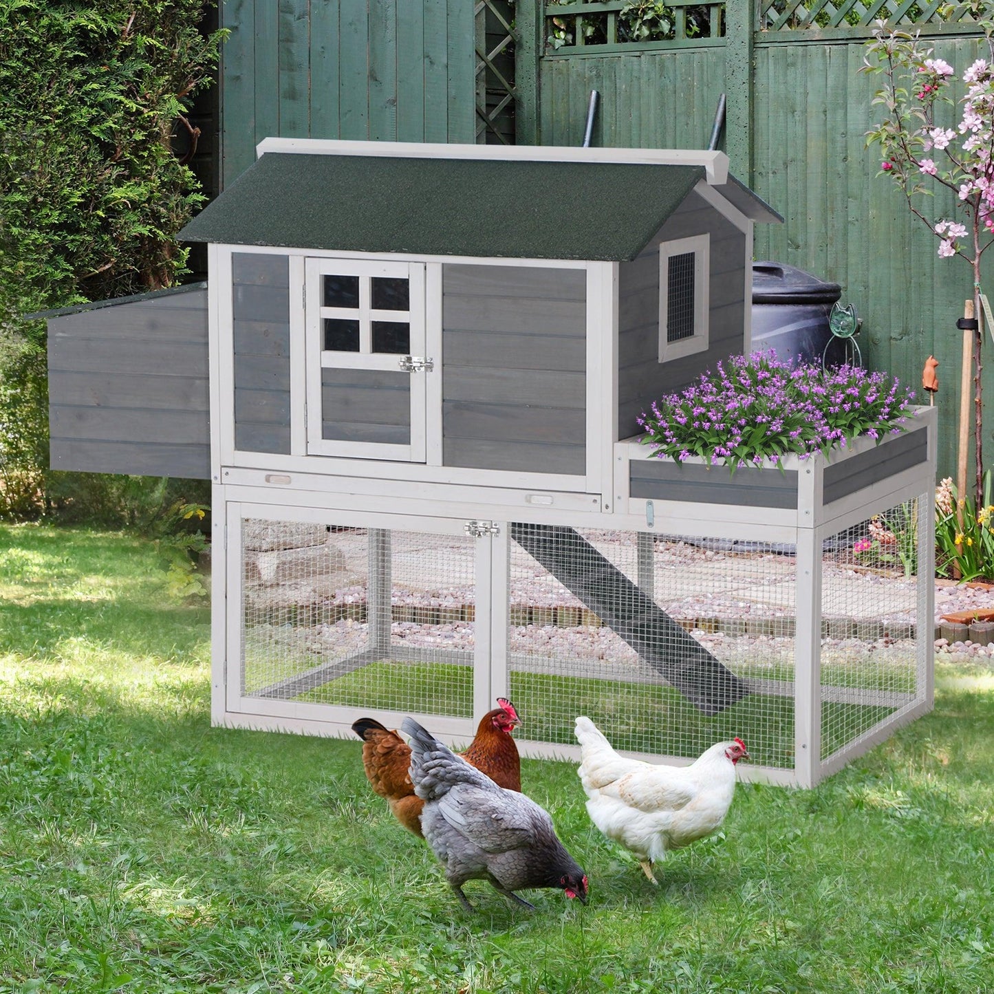 Outdoor and Garden-63" Wooden Chicken Coop Hen House Poultry Cage for Outdoor Backyard with Raised Garden Bed, Run Area, Nesting Box and Removable Tray, Grey - Outdoor Style Company