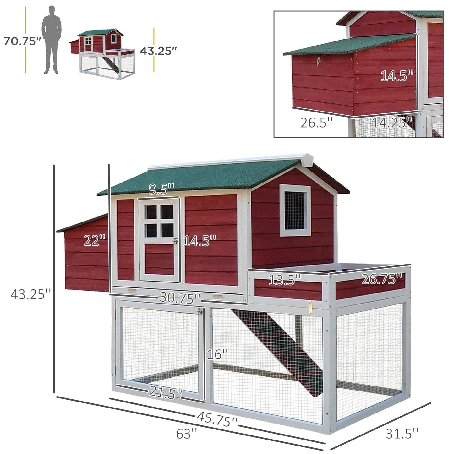 Outdoor and Garden-63" Wooden Chicken Coop Hen House Poultry Cage for Outdoor Backyard with Raised Garden Bed, Run Area, Nesting Box and Removable Tray, Red - Outdoor Style Company