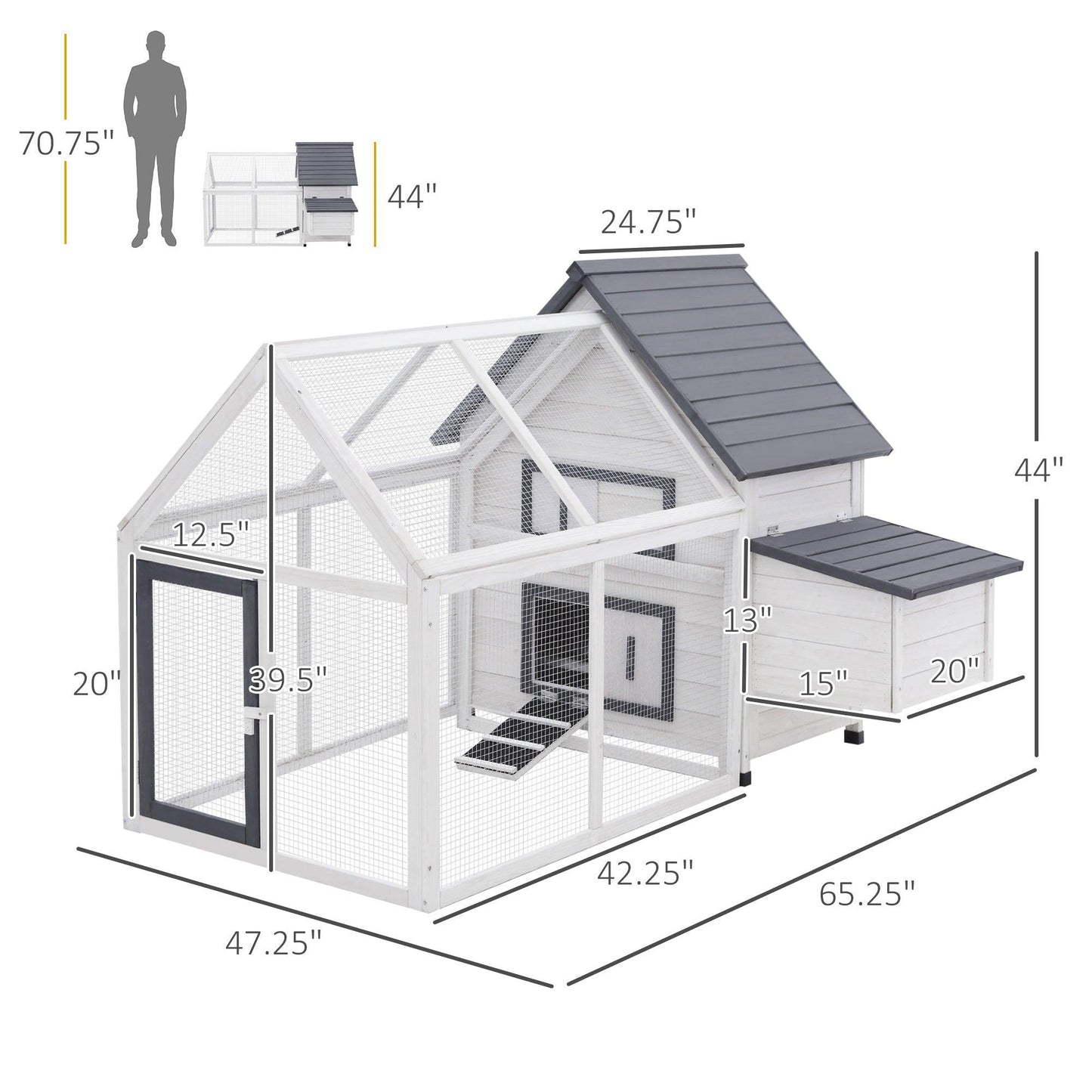 Outdoor and Garden-65" Chicken Coop Wooden Chicken House, Rabbit Hutch Poultry Cage Hen Pen with Nesting Box, Ramp & Run for Patio Backyard Garden, Grey/White - Outdoor Style Company