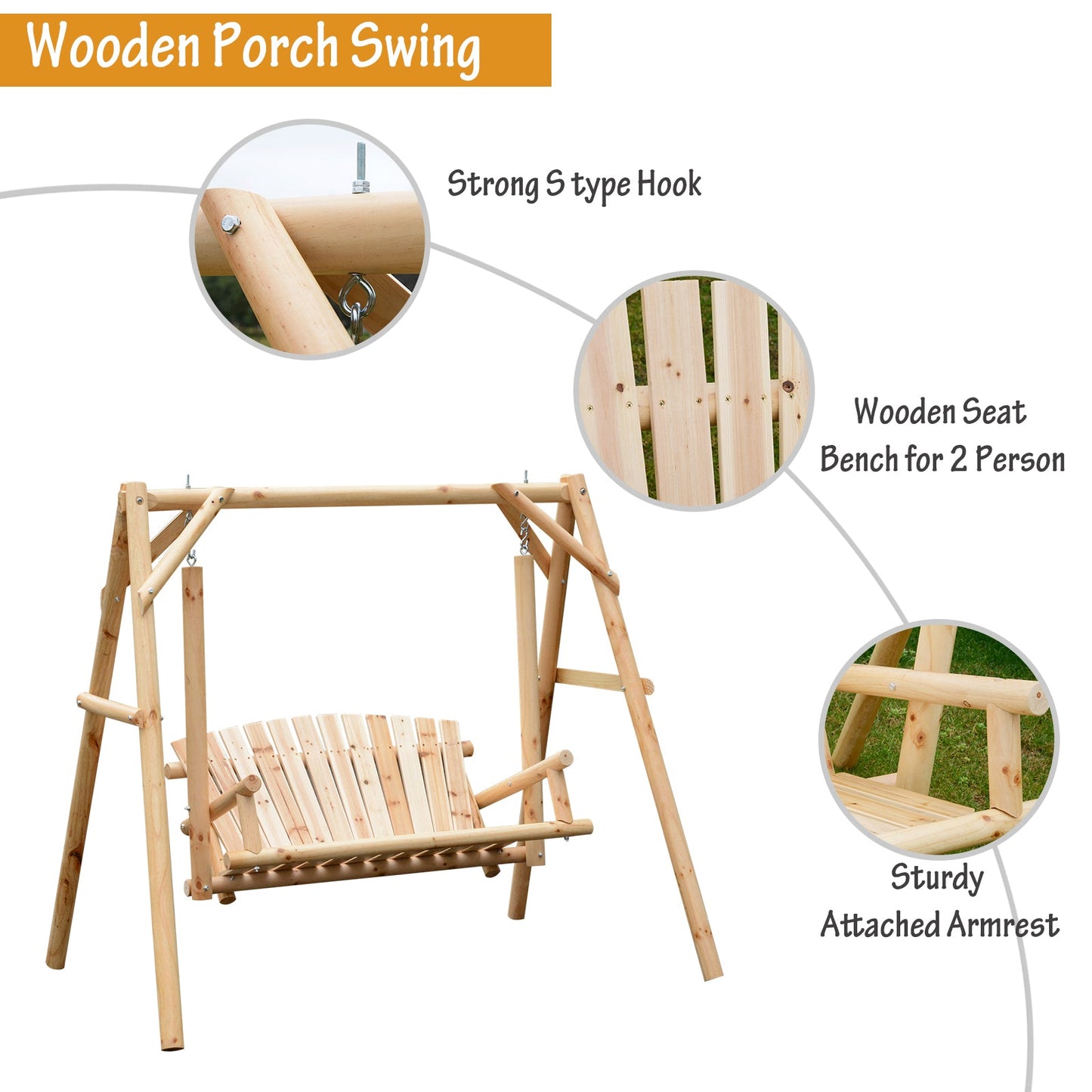 Outdoor and Garden-6.5' Outdoor Rustic Loveseat Swing, 2-Person Freestanding Solid Wood Natural Log Garden Swing, Natural - Outdoor Style Company
