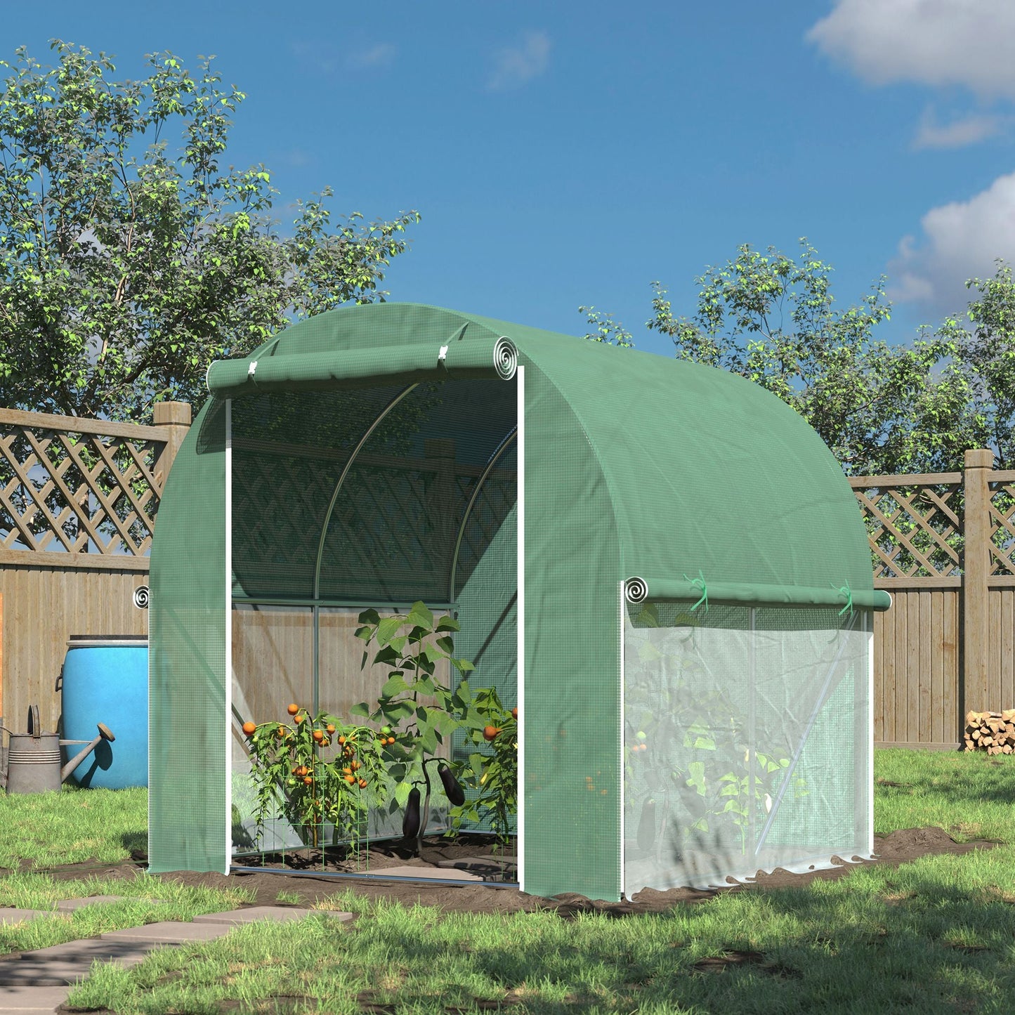 Outdoor and Garden-6.5' x 6.5' x 6.5' Tunnel Greenhouse Outdoor Walk-In Hot House with Roll-up Plastic Cover and Zippered Door, Steel Frame, Green - Outdoor Style Company