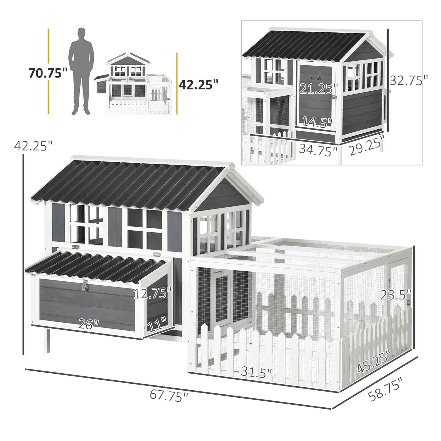 Outdoor and Garden-68" Outdoor Wooden Chicken Coop for 4-6 Chickens, Poultry Cage Pen with Run, Nesting Box, Wire Fence, Removable Tray, Gray - Outdoor Style Company