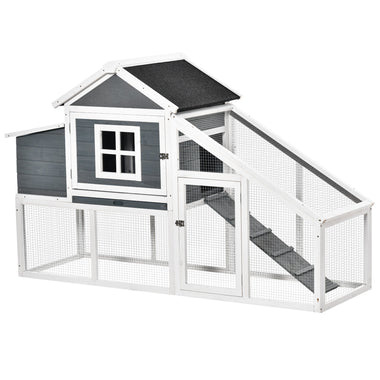 Pet Supplies-69" Wooden Chicken Coop, Poultry Cage Hen House with Connecting Ramp, Removable Tray, Ventilated Window and Nesting Box, White - Outdoor Style Company