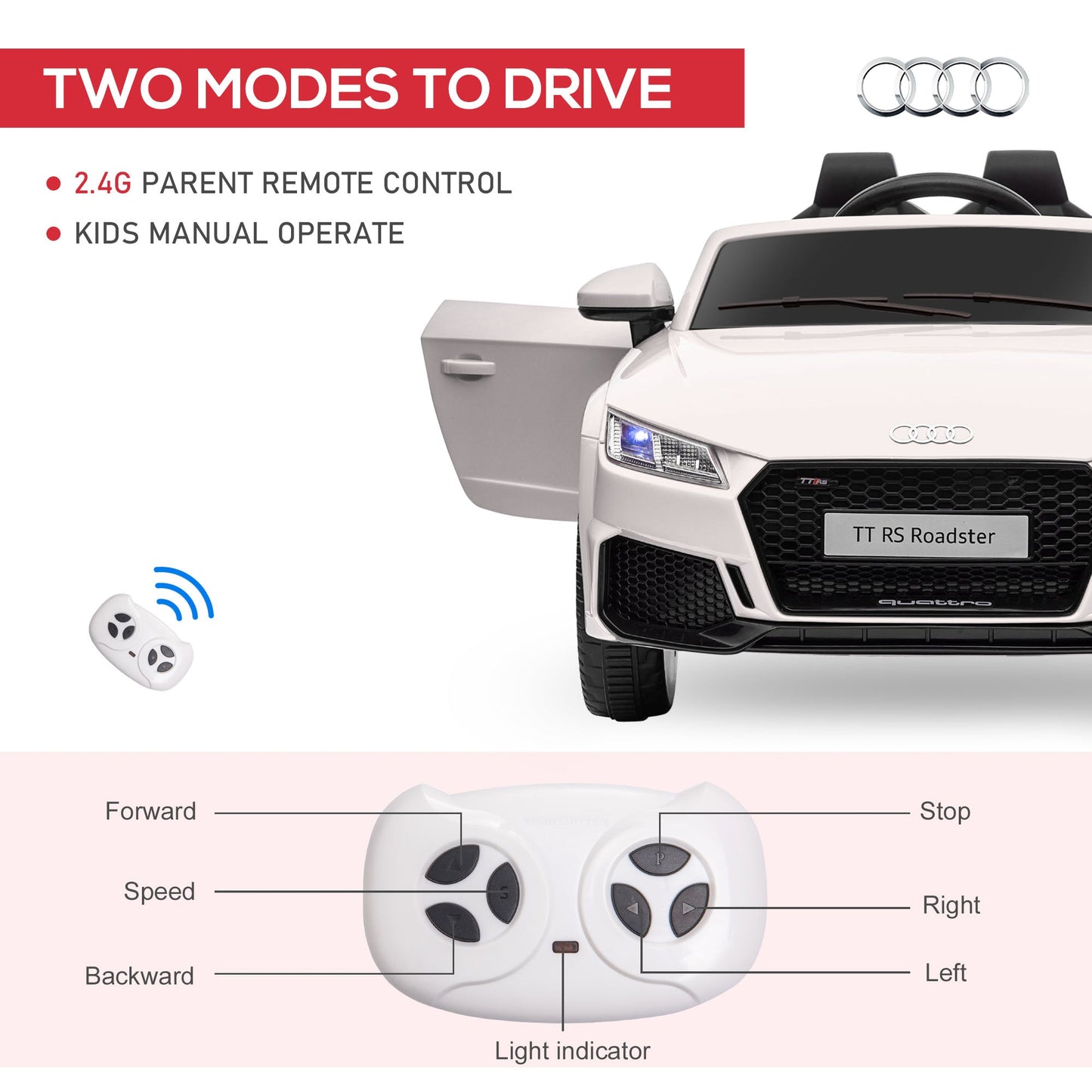 Toys and Games-6V Audi TT RS Kids Licensed Ride On Car Toy, Battery Powered High/Low Speed Car with Headlight Music and Remote Control, White - Outdoor Style Company