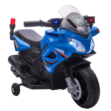 Sports and Fitness-6V Kids Electric Motorbike, Police Motorcycle Ride-On Dirt Bike, Off-road Street Bike w/ Horn, Headlights, Training Wheels & Sounds, Blue - Outdoor Style Company