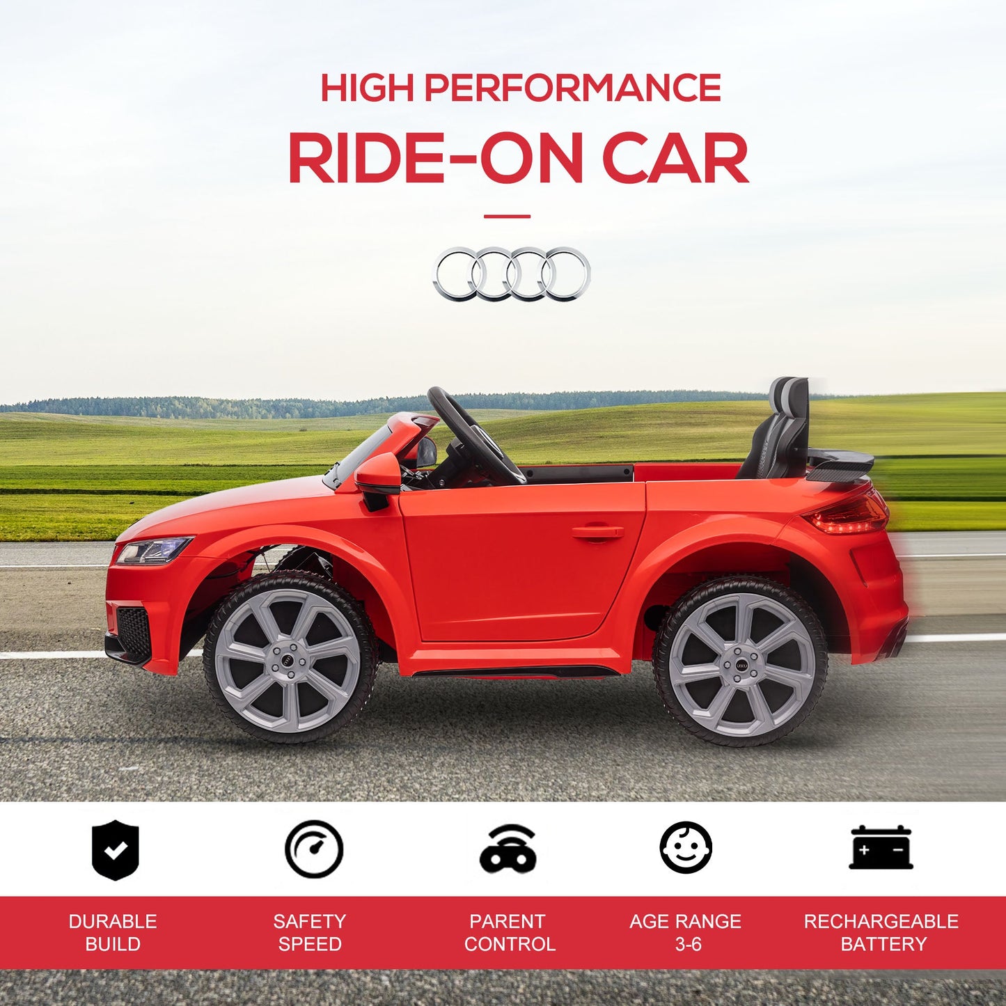 Toys and Games-6V Licensed Audi TT RS Kids Electric Toy Car, Battery Powered Ride on Car with 2 Speeds, Headlight Music and Remote Control, Red - Outdoor Style Company