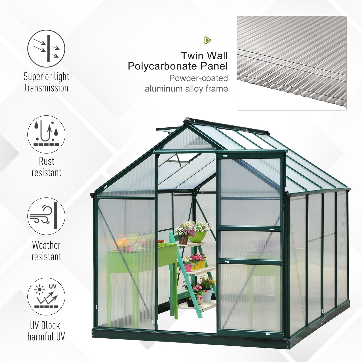 Outdoor and Garden-6'x8'x7'H Walk-In Garden Greenhouse Aluminum Frame polycarbonate - Outdoor Style Company