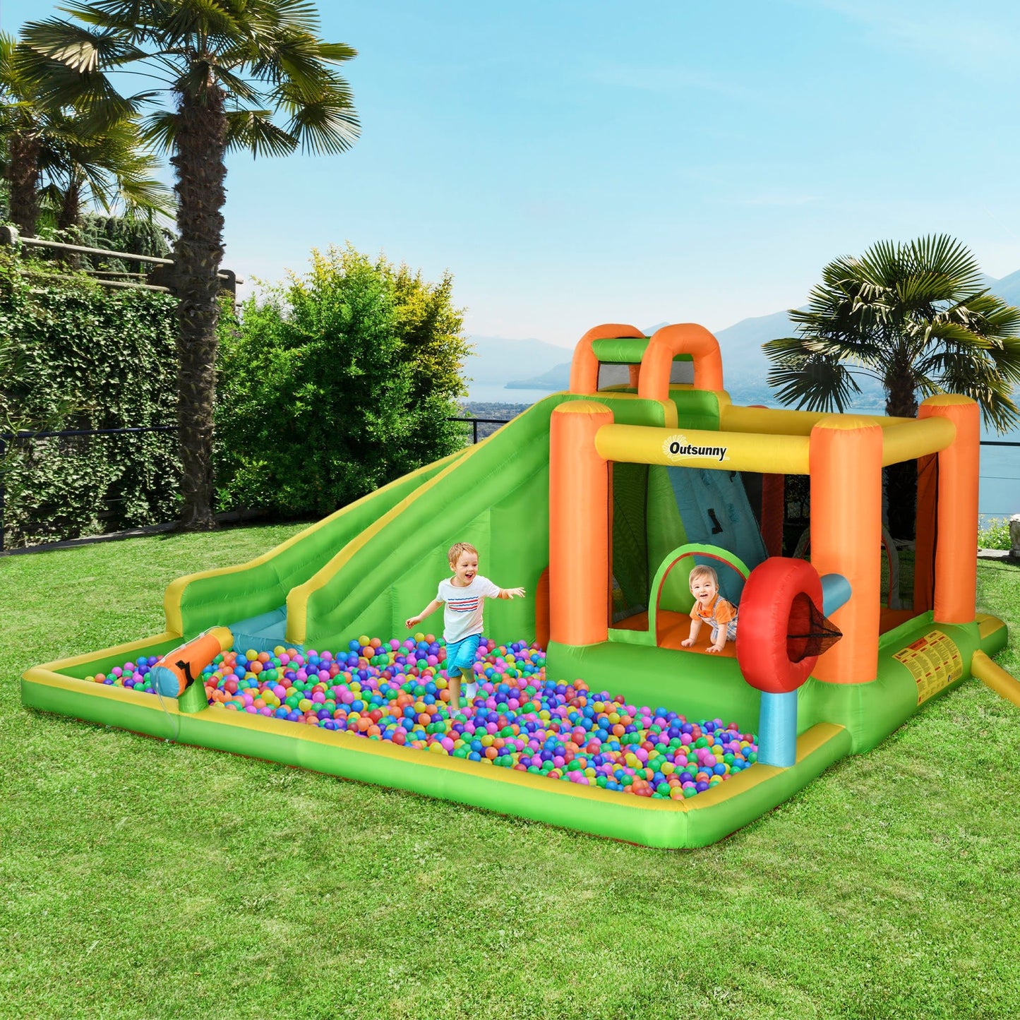 Miscellaneous-7-in-1 Inflatable Water Slide, Kids Castle Bounce House with Slide, trampoline, Pool, Ball-target, Boxing Post, Tunnel Without Air Blower - Outdoor Style Company