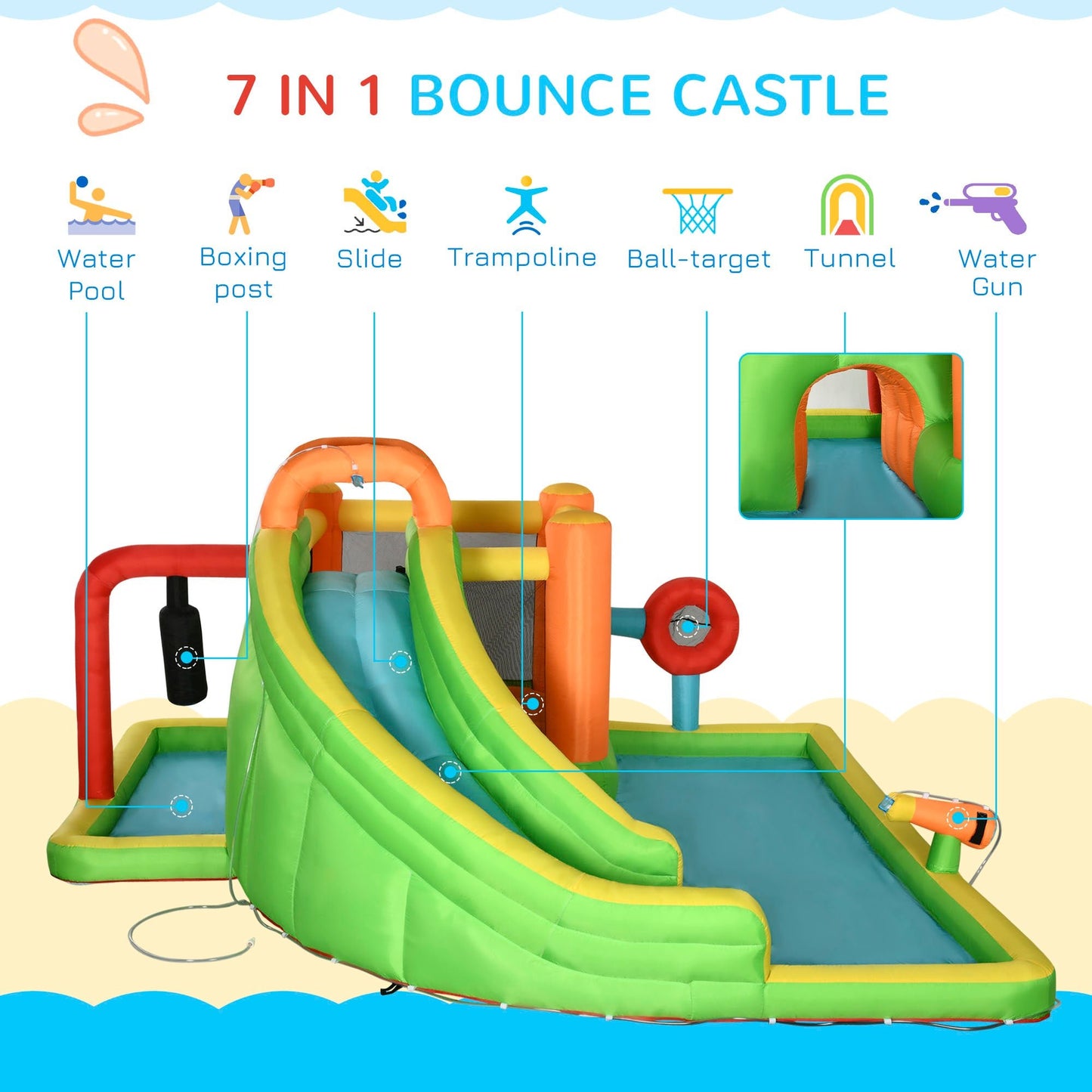 Miscellaneous-7-in-1 Inflatable Water Slide, Kids Castle Bounce House with Slide, trampoline, Pool, Ball-target, Boxing Post, Tunnel Without Air Blower - Outdoor Style Company