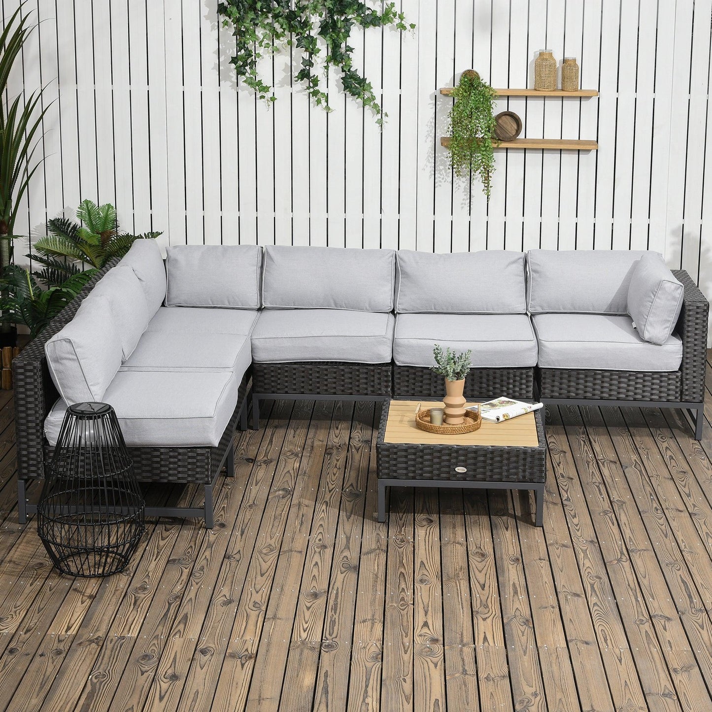 Outdoor and Garden-7 Piece Outdoor Patio Furniture Set, PE Wicker Sectional Sofa, Conversation Set with Thick Cushions and Wood Grain Coffee Table, Light Gray - Outdoor Style Company