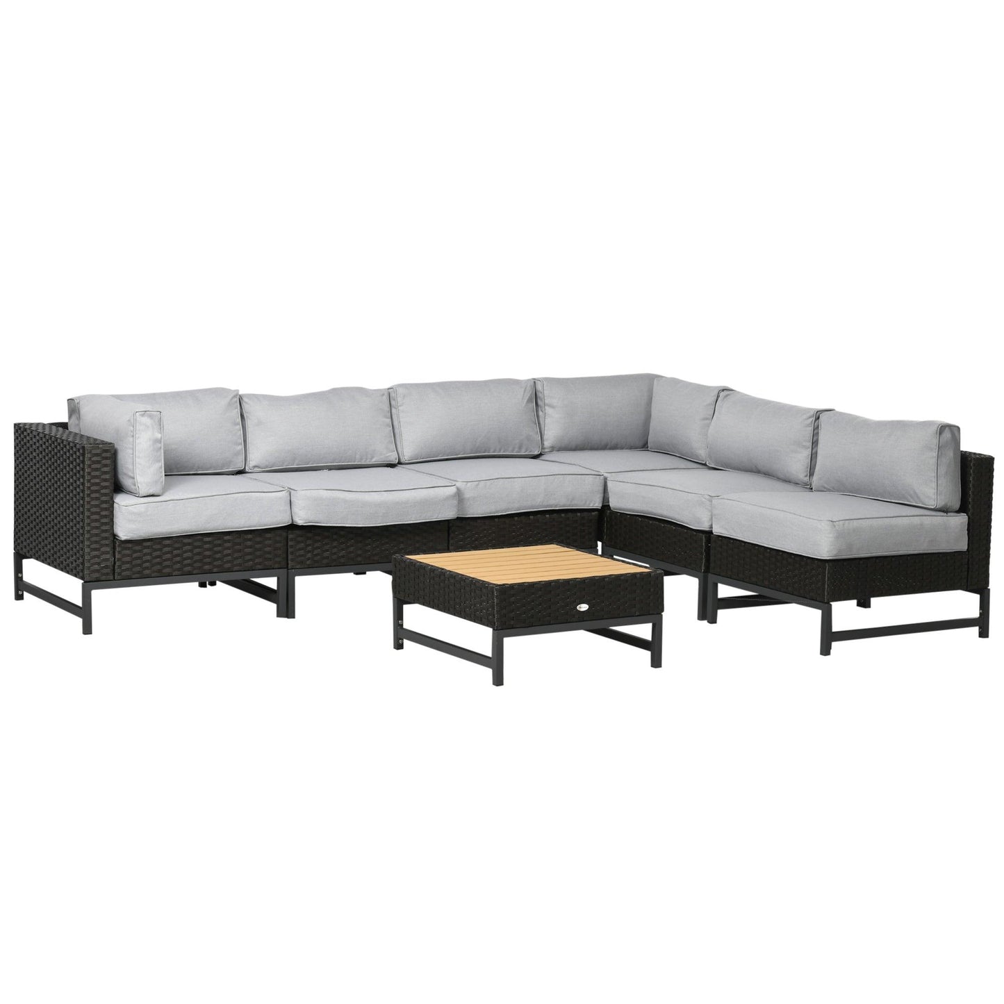 Outdoor and Garden-7 Piece Outdoor Patio Furniture Set, PE Wicker Sectional Sofa, Conversation Set with Thick Cushions and Wood Grain Coffee Table, Light Gray - Outdoor Style Company