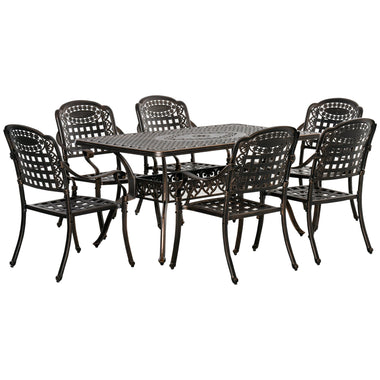 Outdoor and Garden-7-Piece Patio Dining Set, Cast Aluminum Outdoor Furniture Set with 6 Armchairs, 1 Table and Umbrella Hole, Bronze - Outdoor Style Company