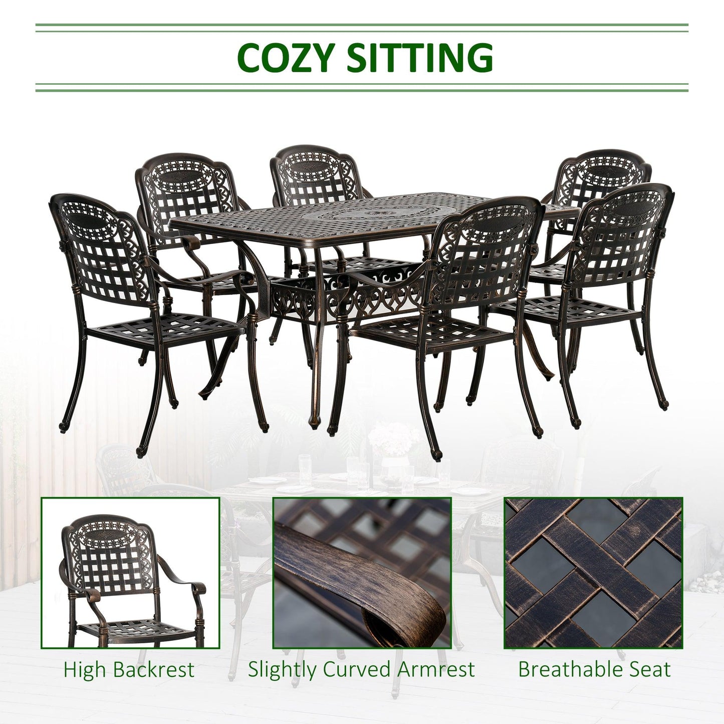 Outdoor and Garden-7-Piece Patio Dining Set, Cast Aluminum Outdoor Furniture Set with 6 Armchairs, 1 Table and Umbrella Hole, Bronze - Outdoor Style Company