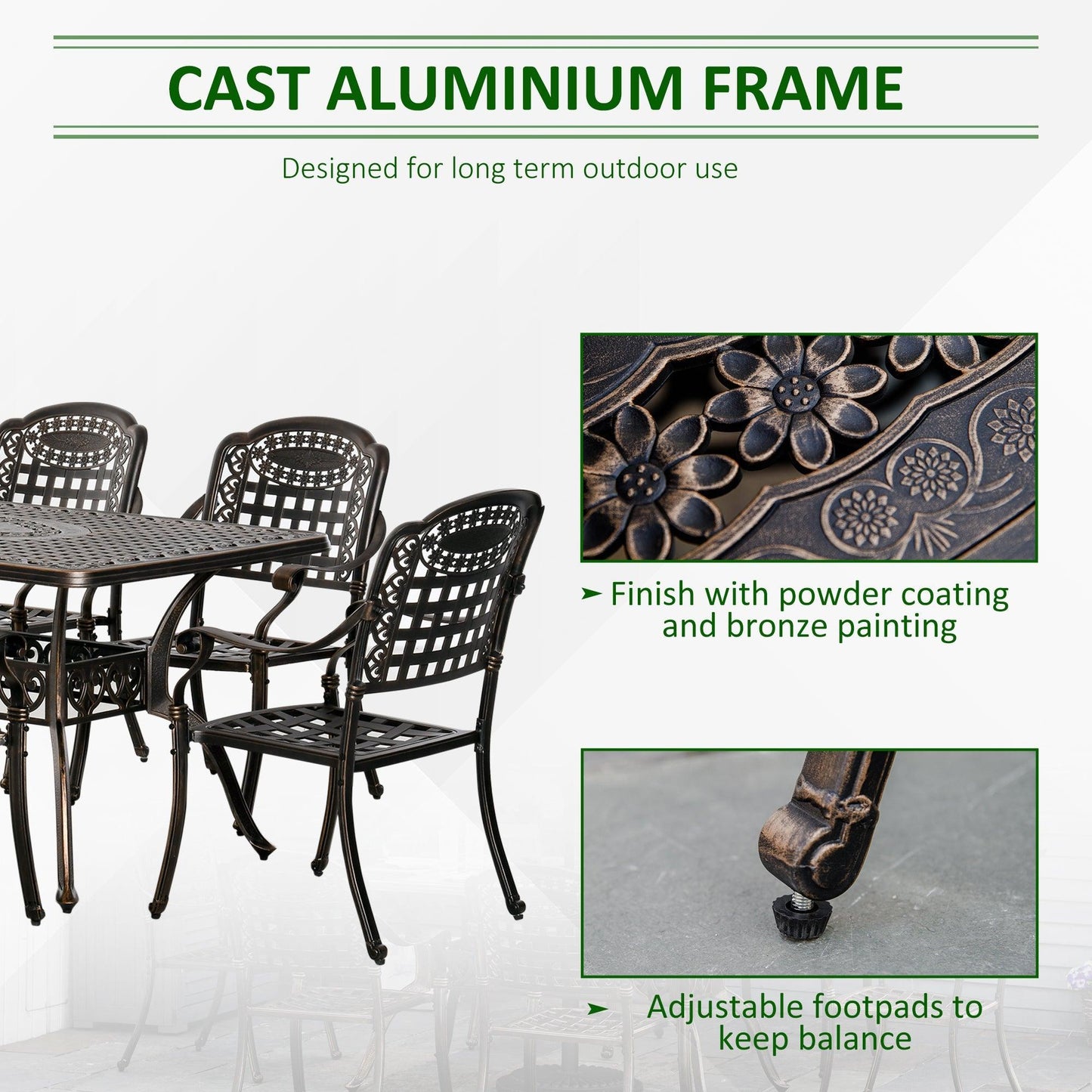 Outdoor and Garden-7-Piece Patio Dining Set, Cast Aluminum Outdoor Furniture Set with 6 Armchairs, 1 Table and Umbrella Hole, Bronze - Outdoor Style Company