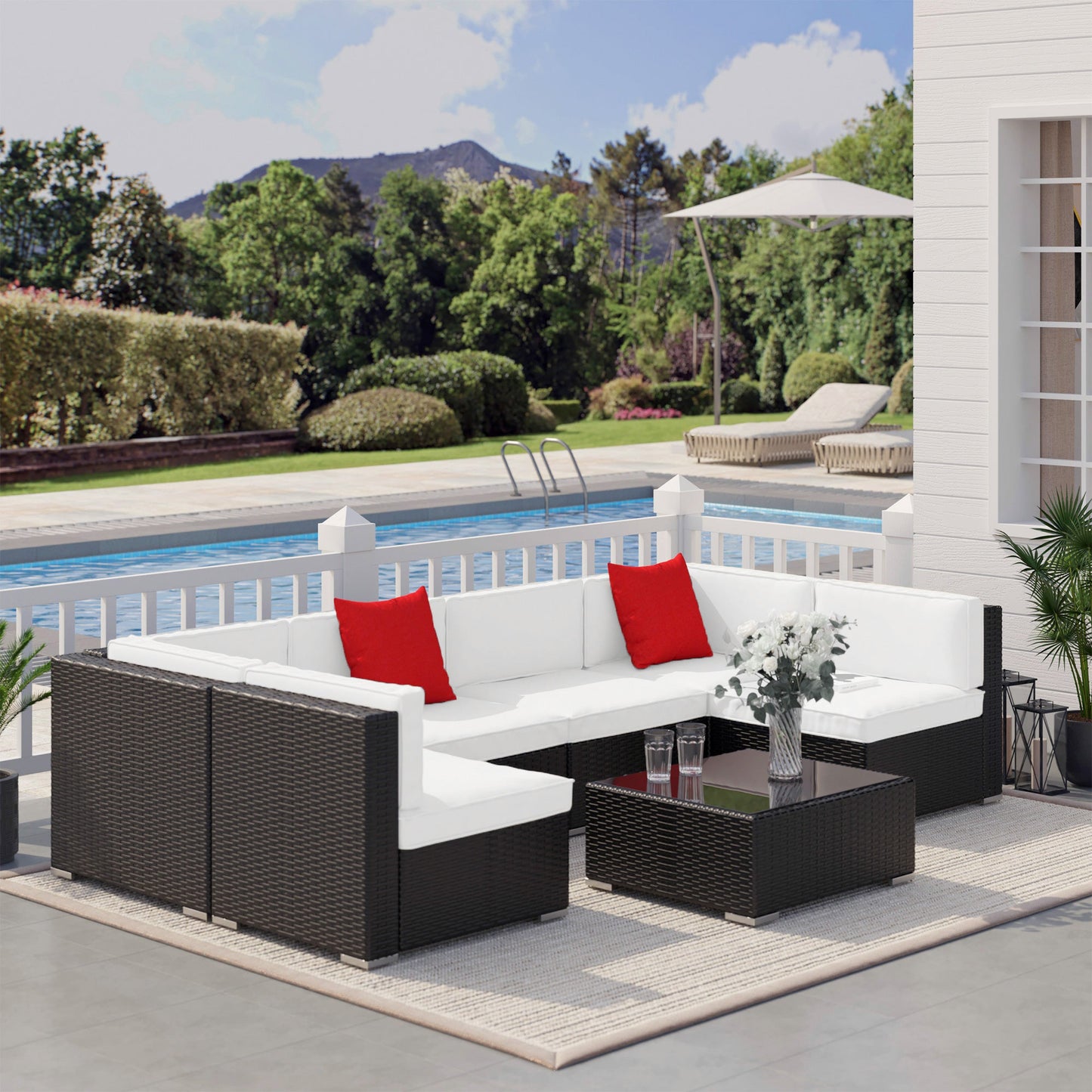 Outdoor and Garden-7 Piece Patio Furniture Set,Outdoor Rattan Sectional Sofa with White Cushions - Outdoor Style Company