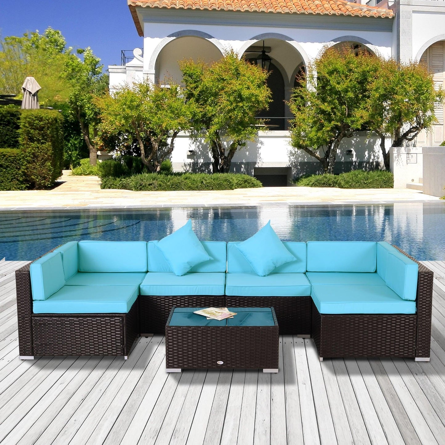 Outdoor and Garden-7-Piece Patio Furniture Sets Outdoor Wicker Conversation Sets PE Rattan Sectional sofa set with Cushions & Glass Desktop, Turquoise - Outdoor Style Company