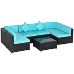 Outdoor and Garden-7-Piece Patio Furniture Sets Outdoor Wicker Conversation Sets PE Rattan Sectional sofa set with Cushions & Glass Desktop, Turquoise - Outdoor Style Company