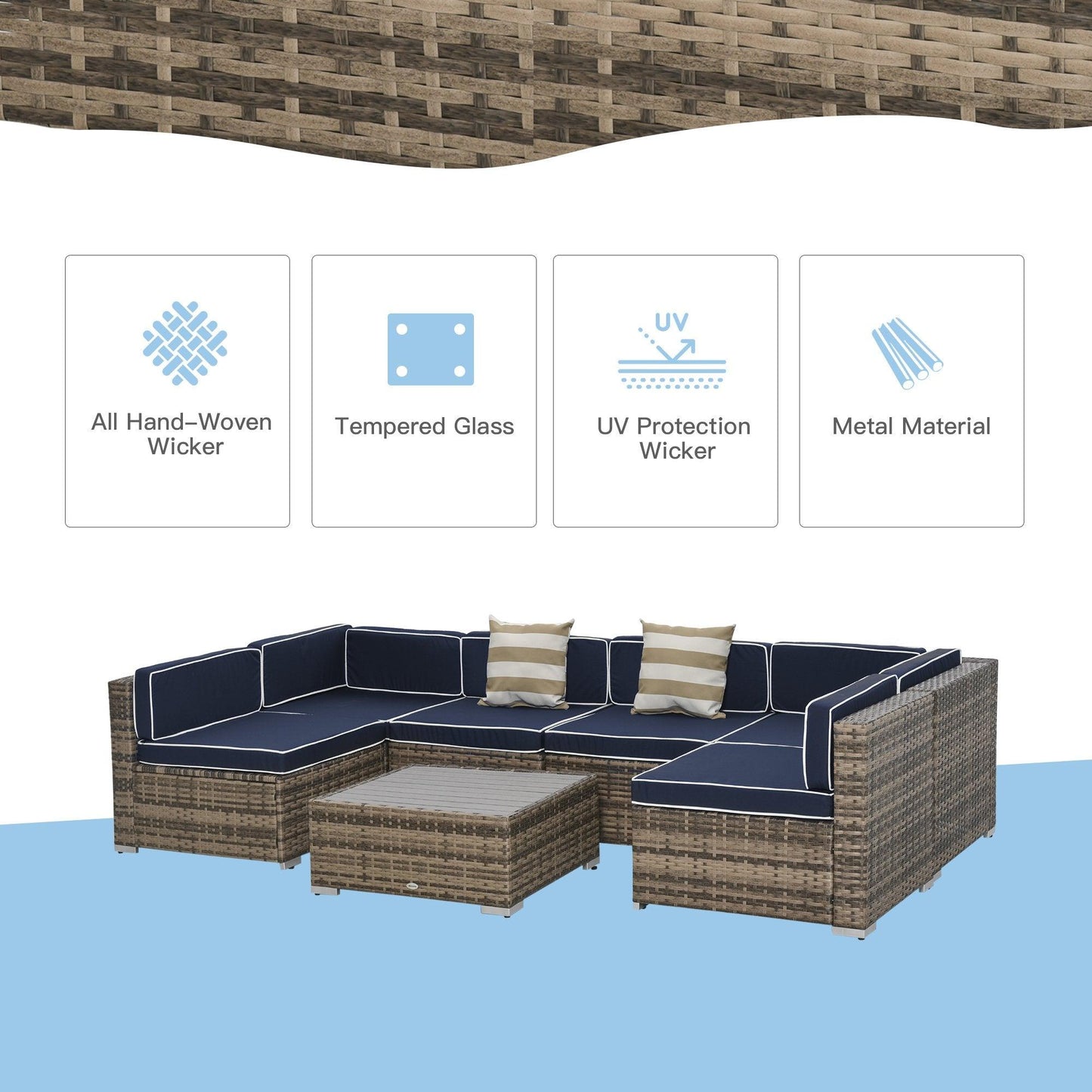 Outdoor and Garden-7-Piece Patio Furniture Sets Outdoor Wicker Conversation Sets PE Rattan Sectional sofa set with Cushions & Slat Plastic Wood Table, Blue - Outdoor Style Company