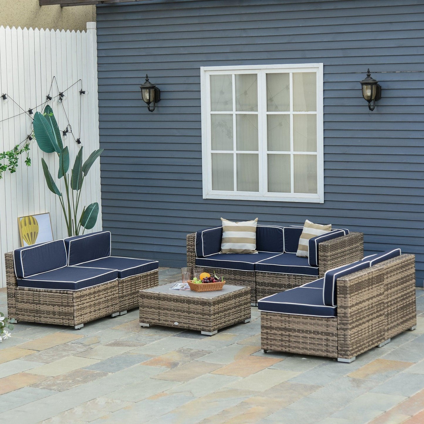 Outdoor and Garden-7-Piece Patio Furniture Sets Outdoor Wicker Conversation Sets PE Rattan Sectional sofa set with Cushions & Slat Plastic Wood Table, Blue - Outdoor Style Company