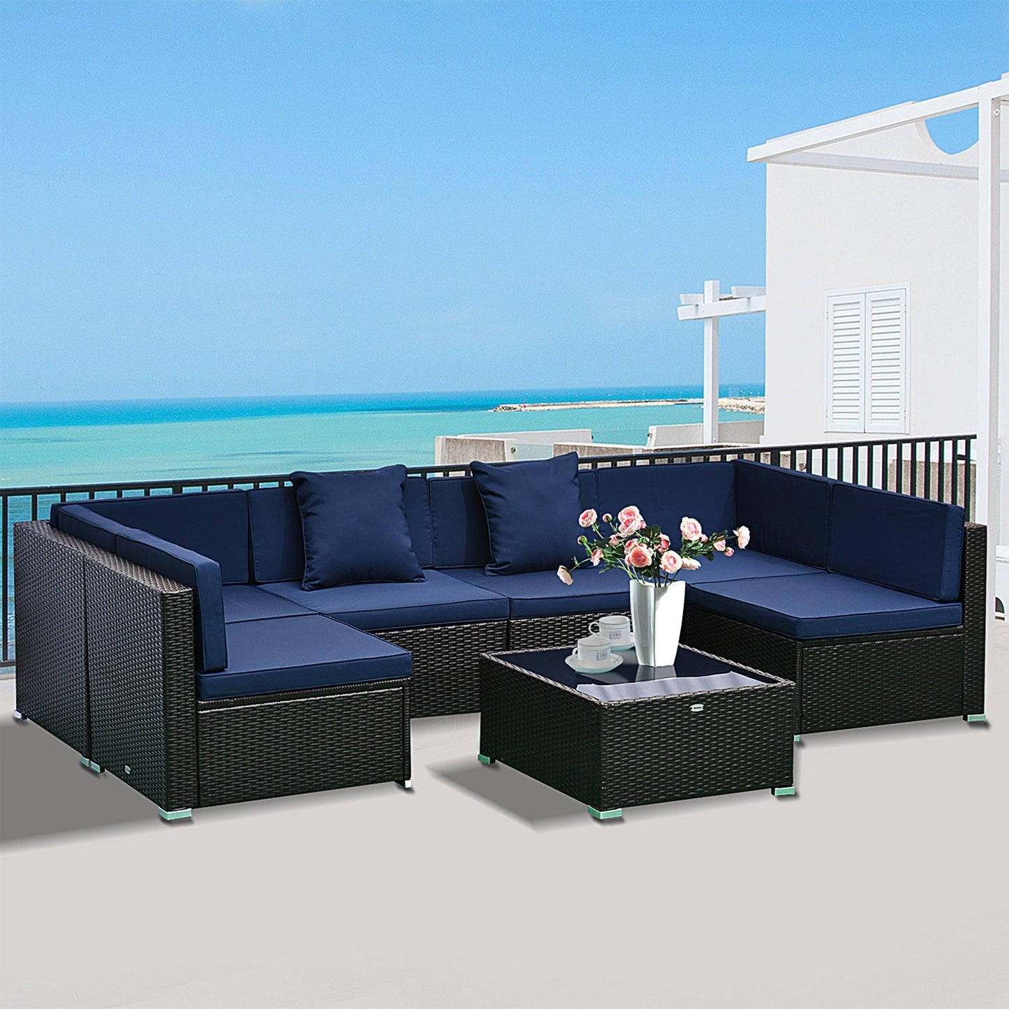 Outdoor and Garden-7-Piece Patio Furniture Sets Outdoor Wicker Conversation Sets PE Rattan Sofa set with Cushions & Tempered Glass Desktop, Dark Blue - Outdoor Style Company