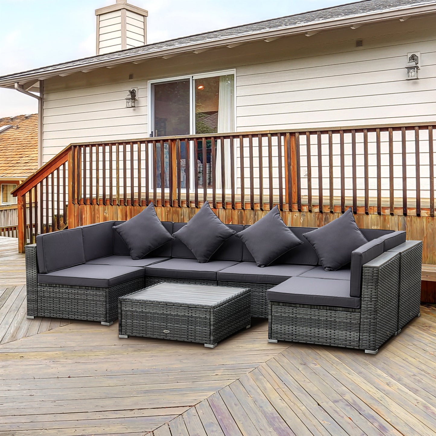 Outdoor and Garden-7-Piece Patio Furniture Sets PE Rattan Sectional Sofa Set Outdoor Conversation Set w/ Coffee Table & Cushion for Garden, Backyard, Grey - Outdoor Style Company