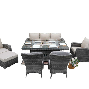 -7-Seat Patio Gray Wicker Fire Pit Dining Sofa Set with Dining Chairs - Outdoor Style Company