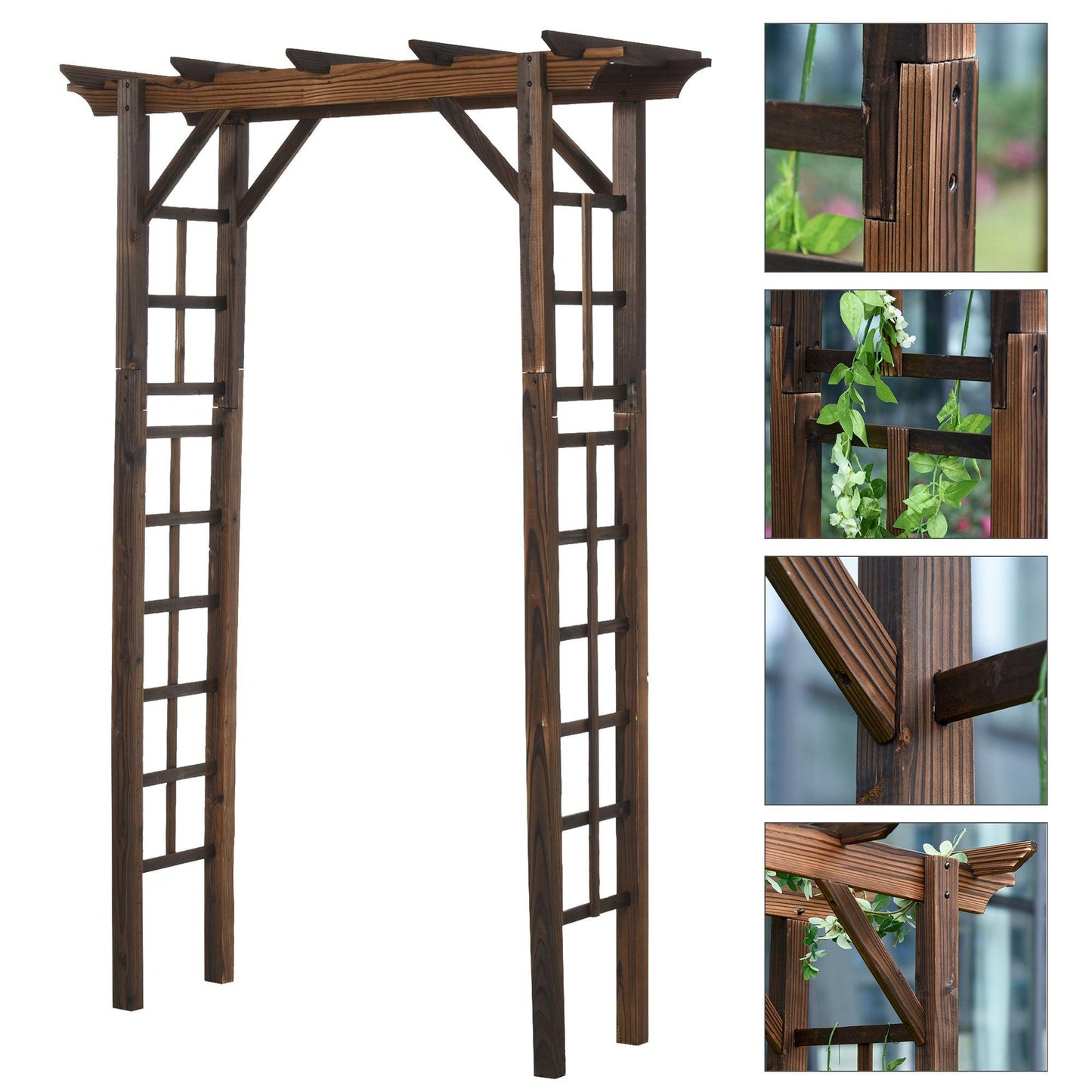 Outdoor and Garden-7' Wood Steel Outdoor Garden Arched Trellis Arbor with Natural Fir Wood & Side Panel for Climbing Vines, Carbonized Color - Outdoor Style Company