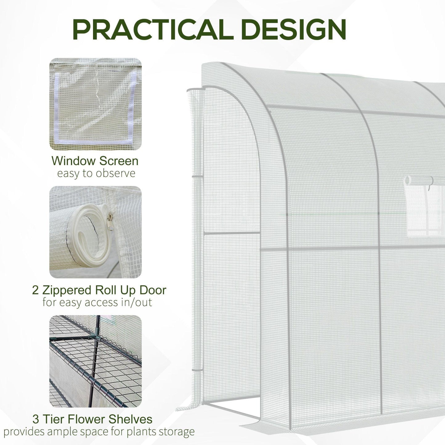 Outdoor and Garden-7' x 3' x 7' Outdoor Walk-In Greenhouse, Plant Nursery with Roll-up Window, PE Cover, and 3-Tier Wire Shelves, White - Outdoor Style Company