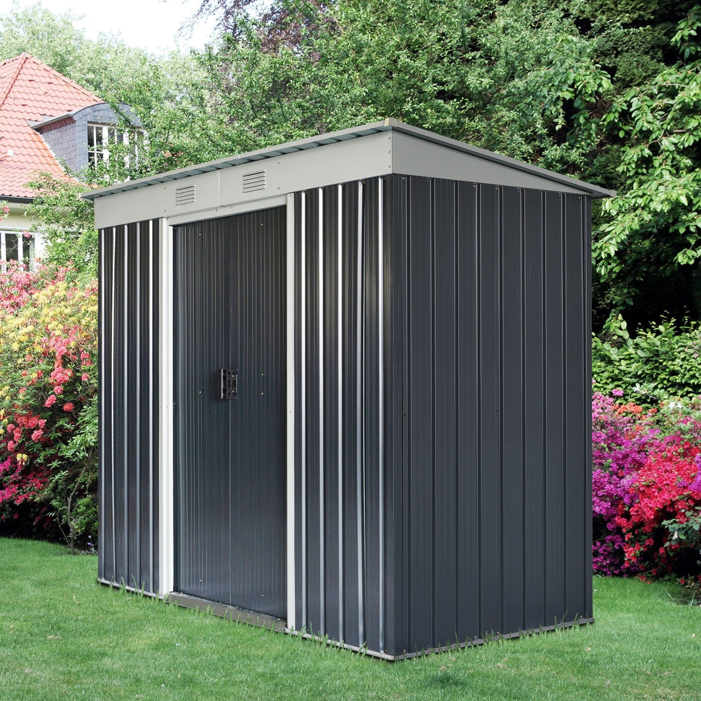 Outdoor and Garden-7' x 4' Backyard Garden Tool Storage Shed with Dual Locking Doors, 2 Air Vents and Steel Frame, Black/White - Outdoor Style Company