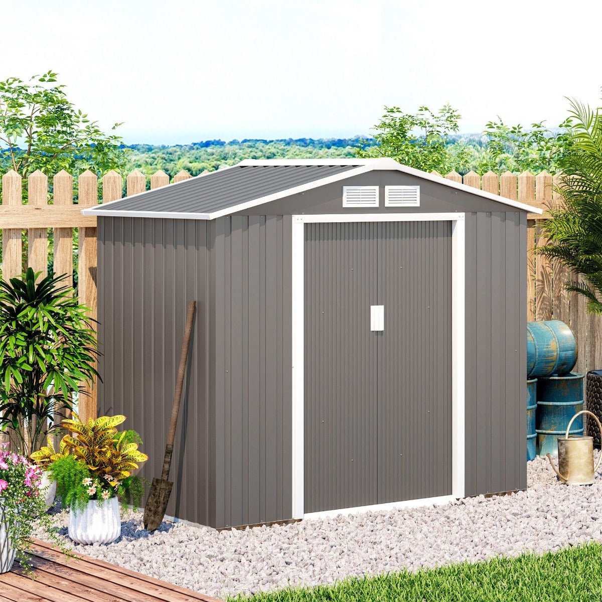 Outdoor and Garden-7' x 4' Garden Storage Shed Organizer, Metal Outdoor Backyard Garden Utility Storage Tool Shed Kit for Patio Garden Yard, Gray/White - Outdoor Style Company