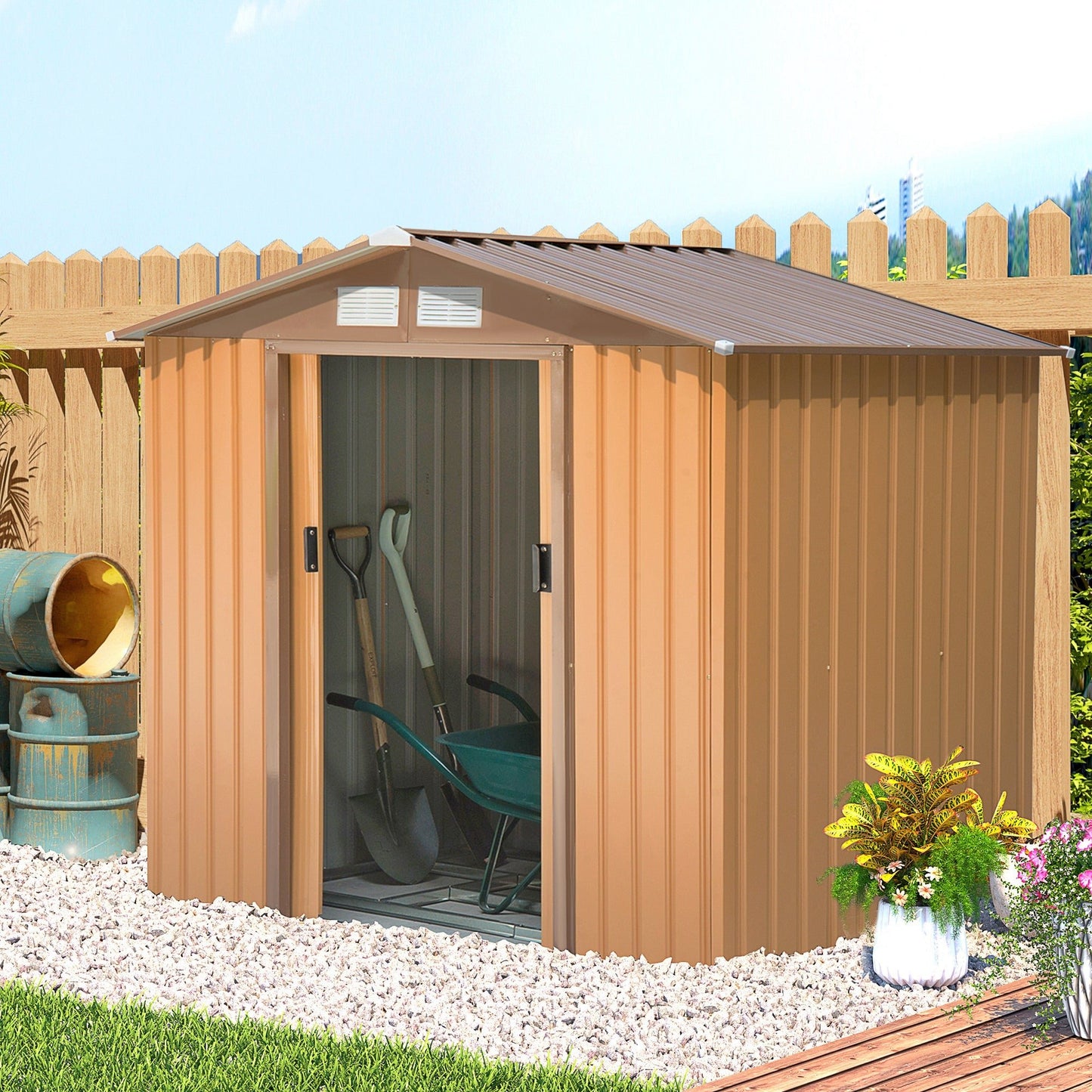Outdoor and Garden-7' x 4' x 6' Metal Storage Shed & Tin Garden Shed with 4 Vents for Airflow & 2 Easy Sliding Doors, Brown - Outdoor Style Company