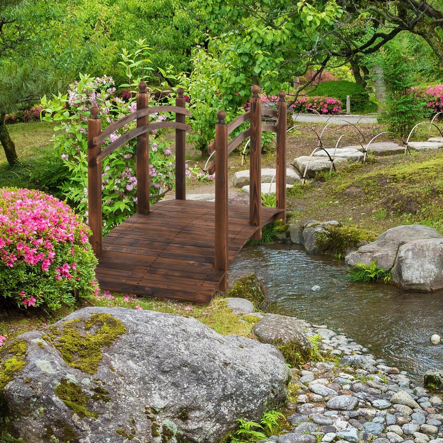 Outdoor and Garden-7.5' Fir Wood Garden Bridge Arc Walkway with Side Railings, Perfect for Backyards, Gardens, & Streams, Carbonized - Outdoor Style Company