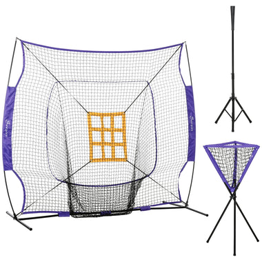 Miscellaneous-7.5'x7' Baseball Practice Net Set w/ Catcher Net, Tee Stand, 12 Baseballs for Pitching, Fielding, Practice Hitting, Batting, Backstop - Violet - Outdoor Style Company