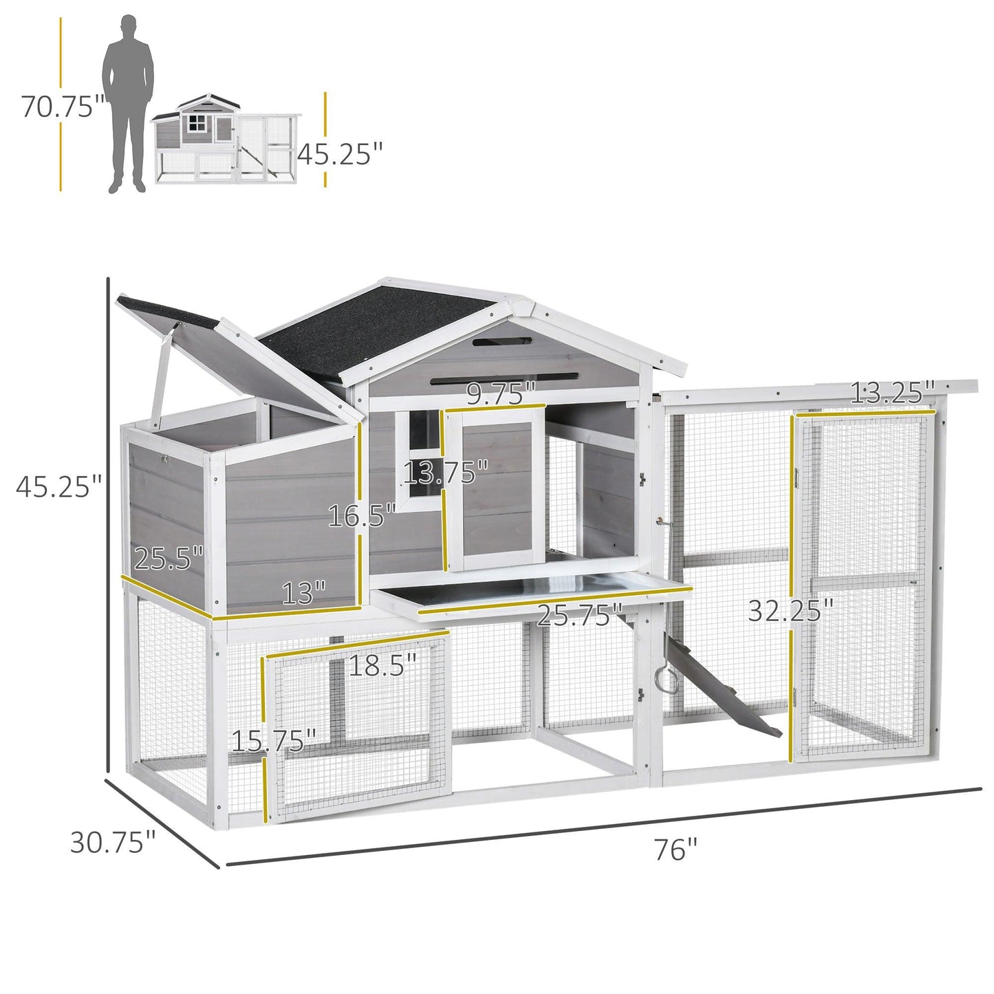 Outdoor and Garden-76" Wooden Chicken Coop, Outdoor Hen House Poultry Cage with Outdoor Run, Nesting Box, Removable Tray and Lockable Doors, Grey - Outdoor Style Company