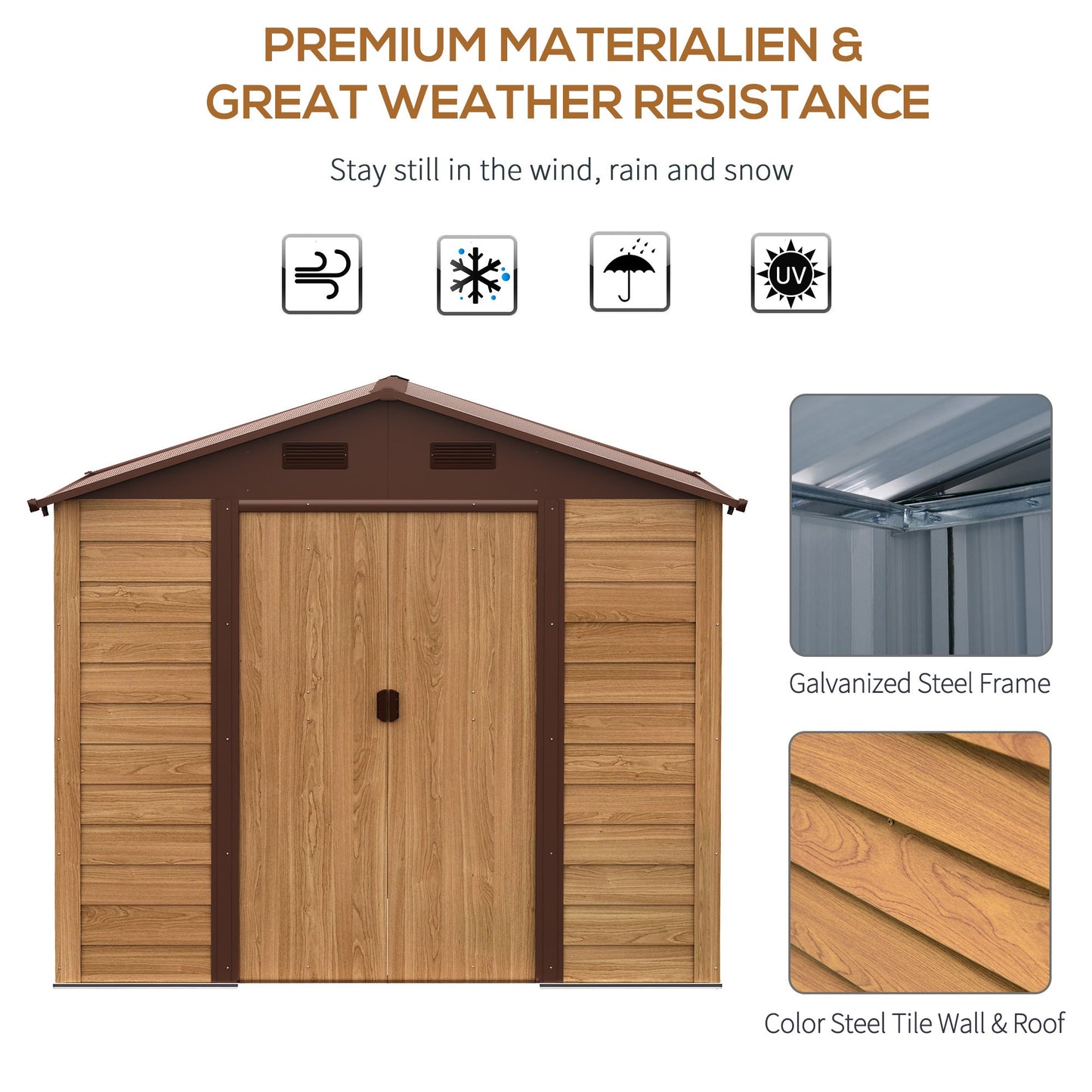 Outdoor and Garden-7.7' x 6.4' Metal Outdoor Storage Shed with 2 Doors and 4 Ventilation for Patio, Backyard & Lawn, Outdoor Furniture, Brown - Outdoor Style Company