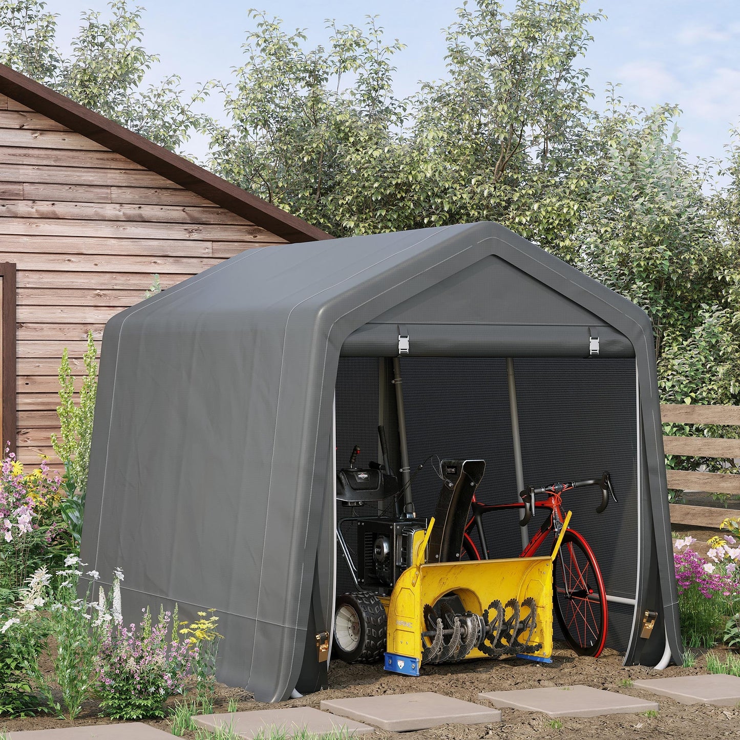 Outdoor and Garden-7.9' x 6.6' Garden Storage Tent, Heavy Duty Bike Shed, Patio Storage Shelter w/ Metal Frame and Double Zipper Doors, Dark Grey - Outdoor Style Company