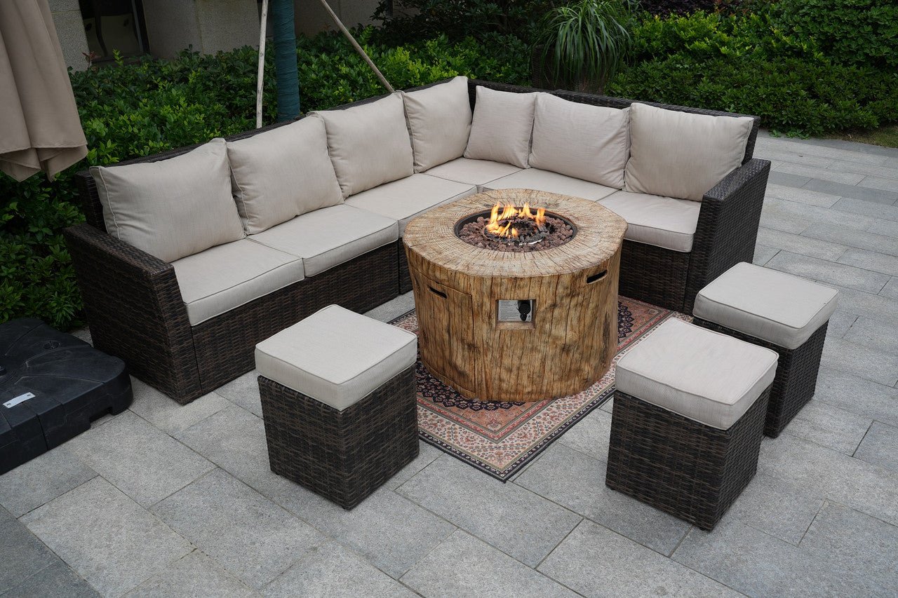 -8-Piece Brown Wicker Patio Fire Pit Sofa Set Conversation Furniture Set - Outdoor Style Company
