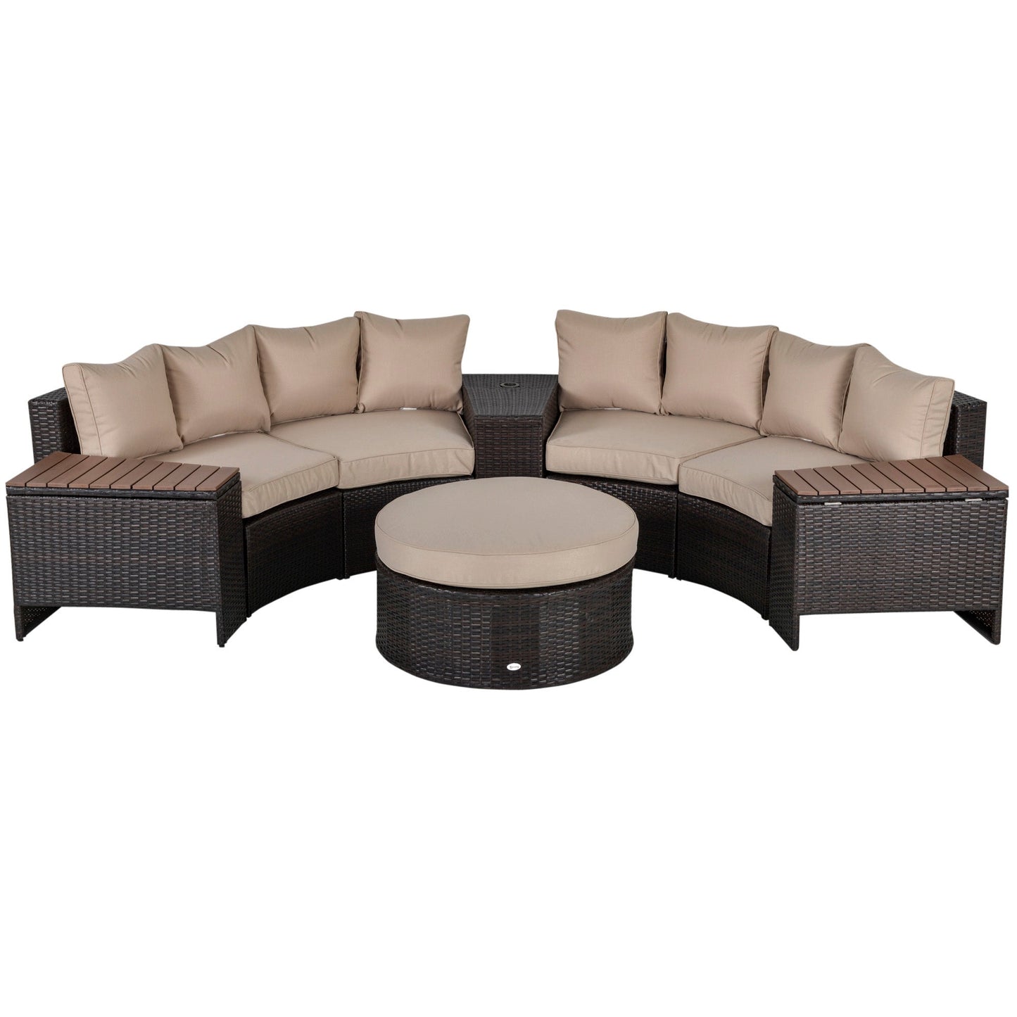 Outdoor and Garden-8 Piece Outdoor Rattan Sofa, Half Round Patio Furniture Set with Side Tables, Umbrella Hole, and Cushions, Beige - Outdoor Style Company