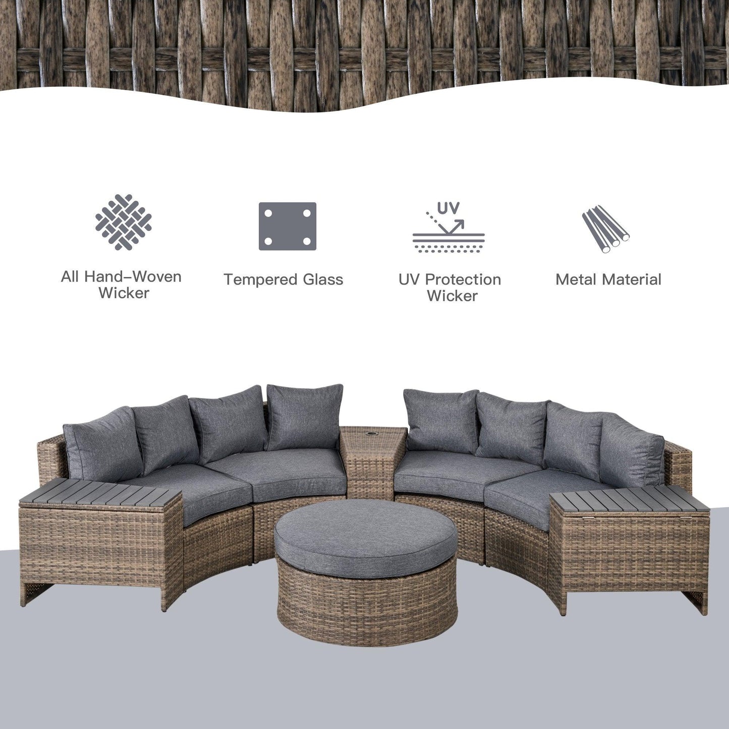 Outdoor and Garden-8 Piece Outdoor Rattan Sofa, Half Round Patio Furniture Set with Side Tables, Umbrella Hole, and Cushions, Mixed Grey - Outdoor Style Company