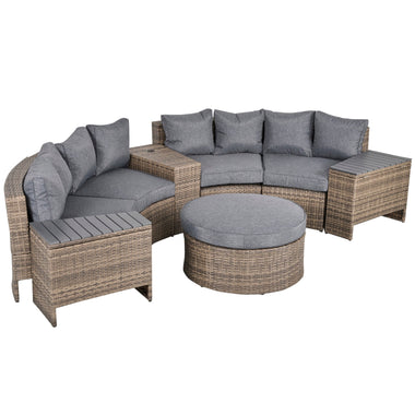 Outdoor and Garden-8 Piece Outdoor Rattan Sofa, Half Round Patio Furniture Set with Side Tables, Umbrella Hole, and Cushions, Mixed Grey - Outdoor Style Company