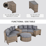 Outdoor and Garden-8 Piece Outdoor Rattan Sofa, Half Round Patio Furniture Set with Side Tables, Umbrella Hole, and Cushions, Mixed Grey - Outdoor Style Company