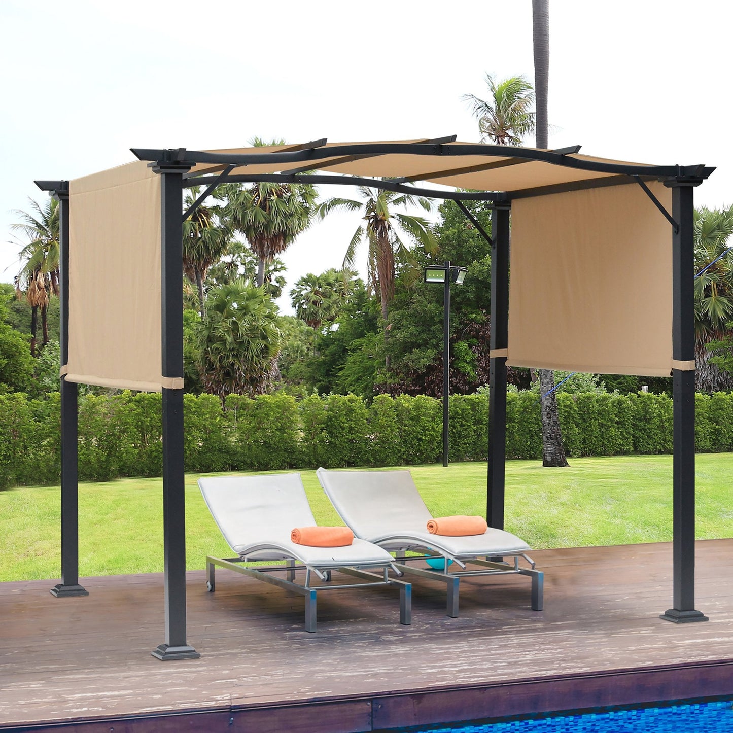 Outdoor and Garden-8' x 10' Retractable Pergola Canopy Steel Frame Polyester Fabric Gazebo with Top Cover,Retractable Canopy Shade Awning - Outdoor Style Company