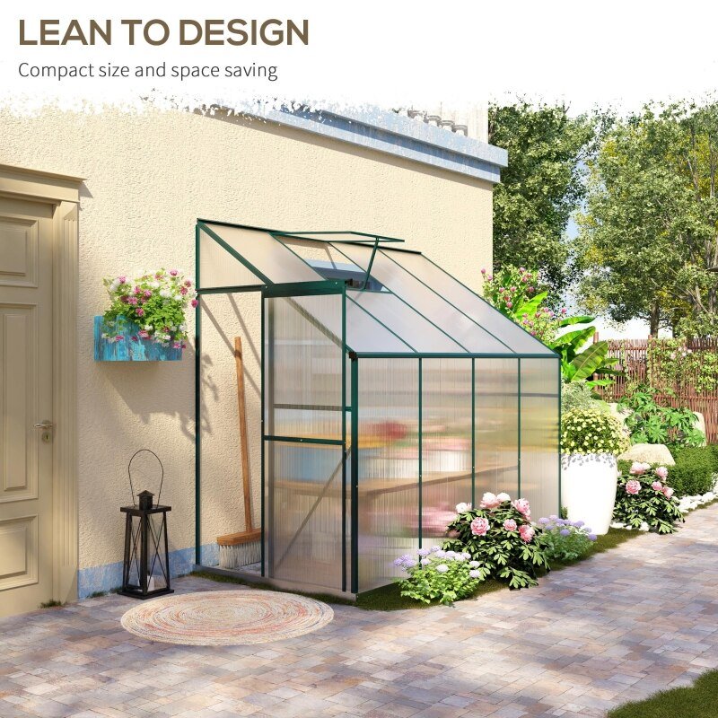 Greenhouses-8' x 4' x 7' Hobby Greenhouse, Walk-in Lean-To Polycarbonate Hot House Kit with Aluminum Frame, Sliding Door, Roof Vent, Green - Outdoor Style Company