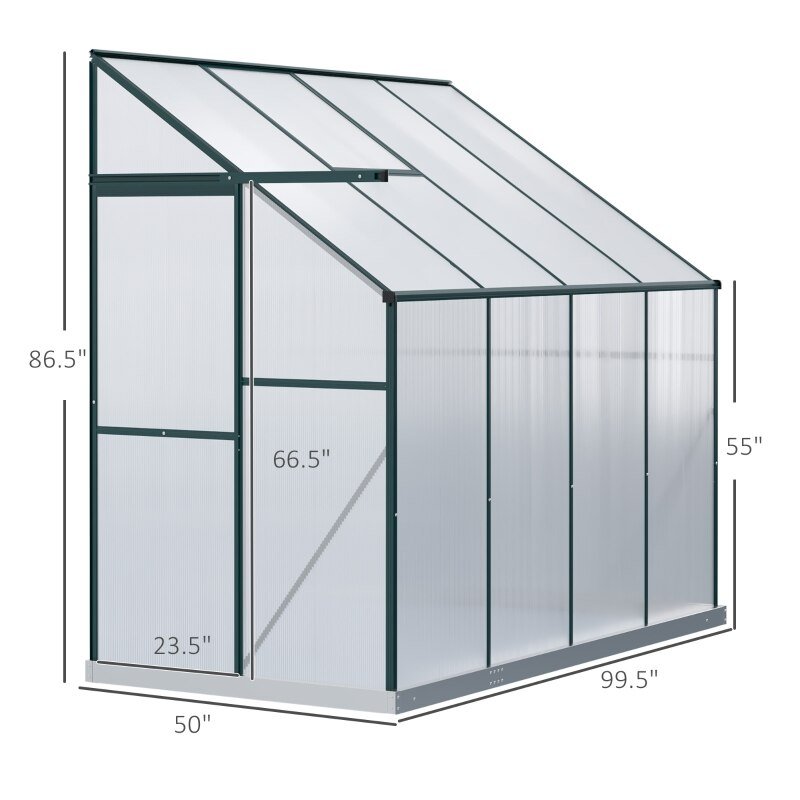 Greenhouses-8' x 4' x 7' Hobby Greenhouse, Walk-in Lean-To Polycarbonate Hot House Kit with Aluminum Frame, Sliding Door, Roof Vent, Green - Outdoor Style Company