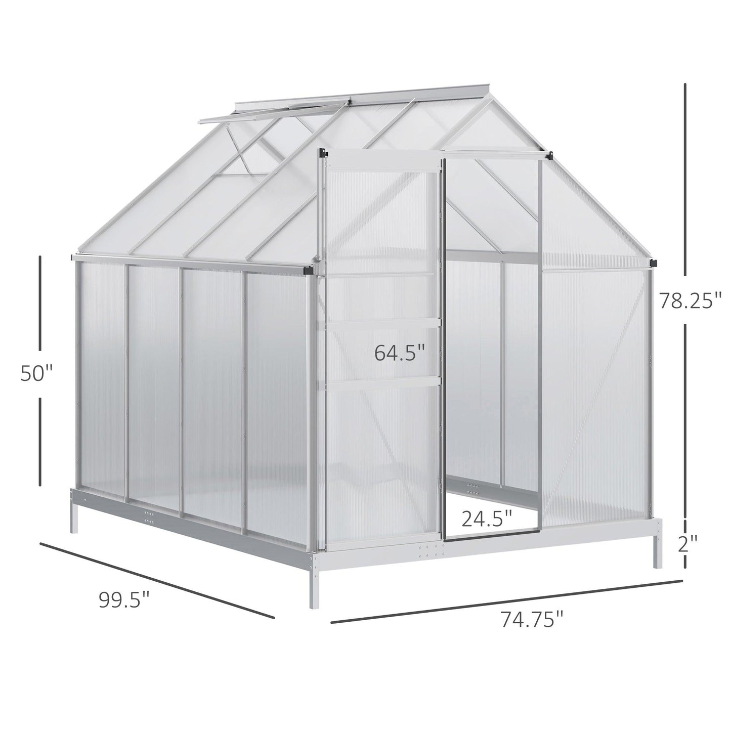 Outdoor and Garden-8' x 6' Aluminum Greenhouse Polycarbonate Walk-in Garden Greenhouse Kit with Adjustable Roof Vent, Rain Gutter and Sliding Door for Winter - Outdoor Style Company