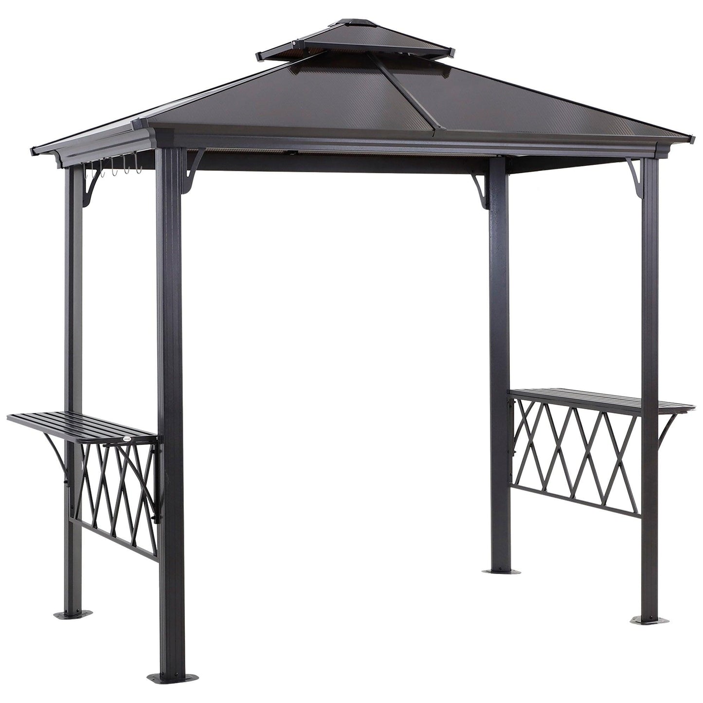 Outdoor and Garden-8.3ft Outdoor Patio Double-Tier BBQ Canopy Gazebo with 2 Separate Shelves for Serving & 6 Hooks for Utensils, Black/Coffee - Outdoor Style Company