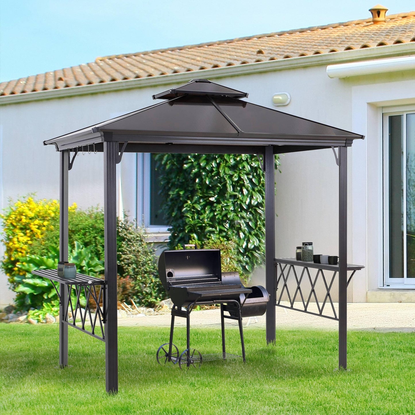 Outdoor and Garden-8.3ft Outdoor Patio Double-Tier BBQ Canopy Gazebo with 2 Separate Shelves for Serving & 6 Hooks for Utensils, Black/Coffee - Outdoor Style Company