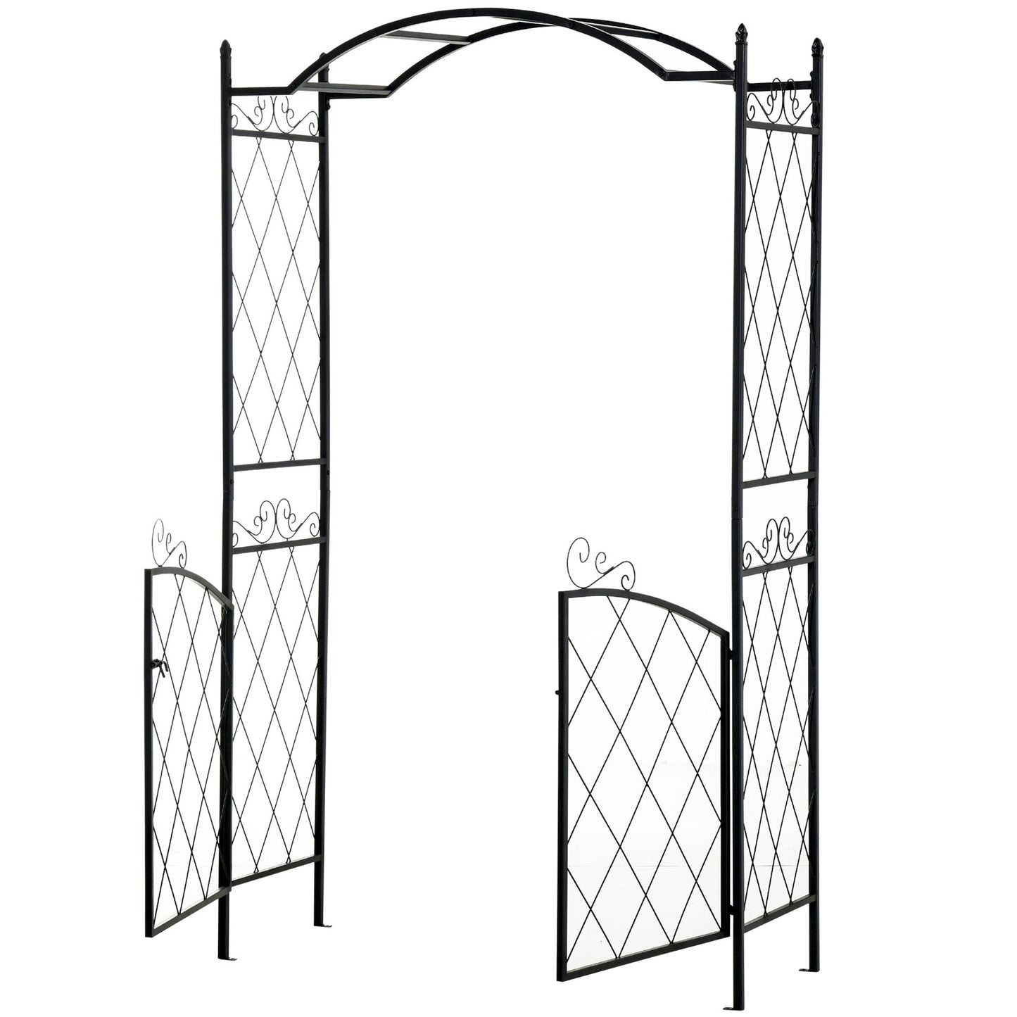 Outdoor and Garden-85'' Metal Garden Arbor with Gate, Outdoor Steel Arch with Scrollwork for Climbing Vines, Ground Mountable Columns - Outdoor Style Company
