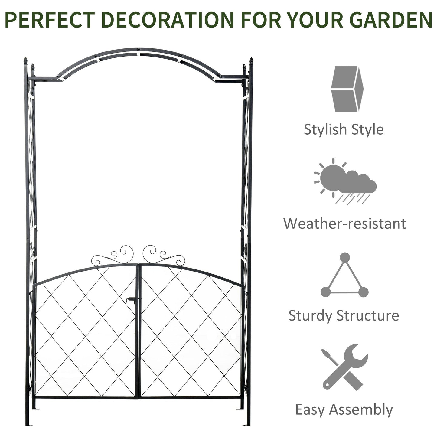 Outdoor and Garden-85'' Metal Garden Arbor with Gate, Outdoor Steel Arch with Scrollwork for Climbing Vines, Ground Mountable Columns - Outdoor Style Company